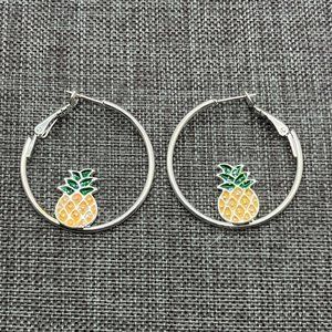 Hoop Pierced Earrings Silver Pineapple Md Green Yellow Enamel Iridescent Sparkle